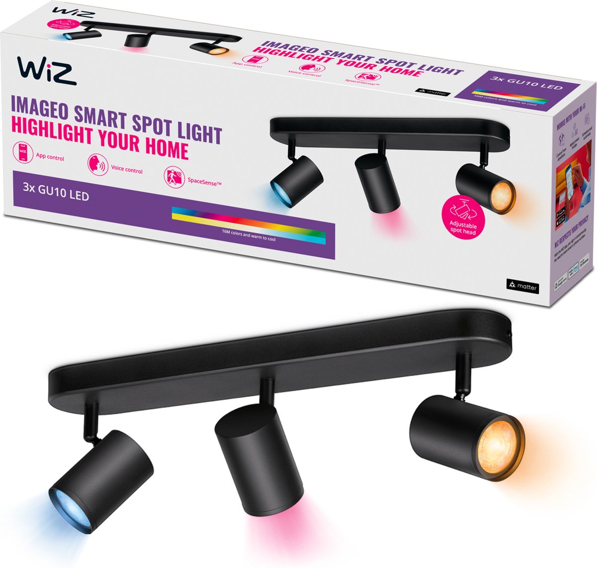 WiZ Plafondlamp Imageo - Opbouwspot - 3 spots - Gekleurd en Wit Licht - Slimme LED Verlichting - GU10 fitting - 3x 5W - Zwart - Wi-Fi