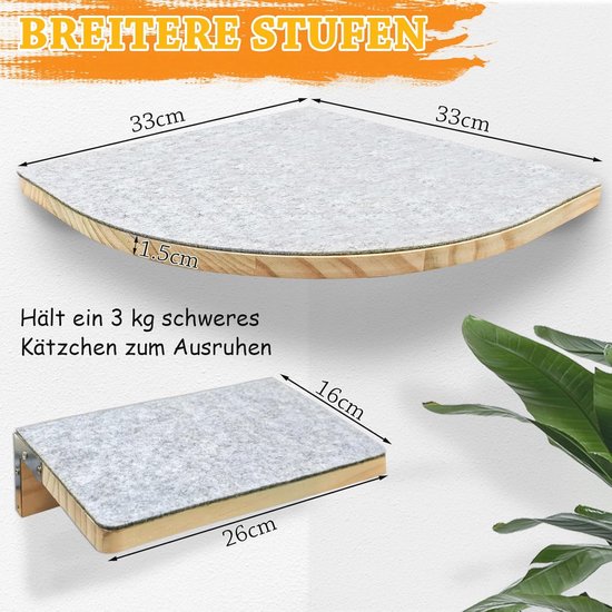 Kattentrap, muur, kattenklimwand, set van 3 met 2 klimniveaus en