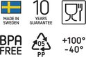 Pictogrammen: Gemaakt in Zweden, 10 jaar garantie, voedselveilig, BPA-vrij, PP-recycling en temperatuurbereik.