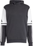 Donkergrijs sweatshirt met witte mouwen en Adidas-strepen op de mouwen.