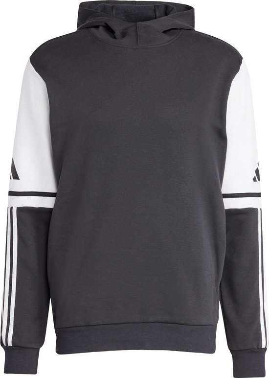 Donkergrijs sweatshirt met witte mouwen en Adidas-strepen op de mouwen.