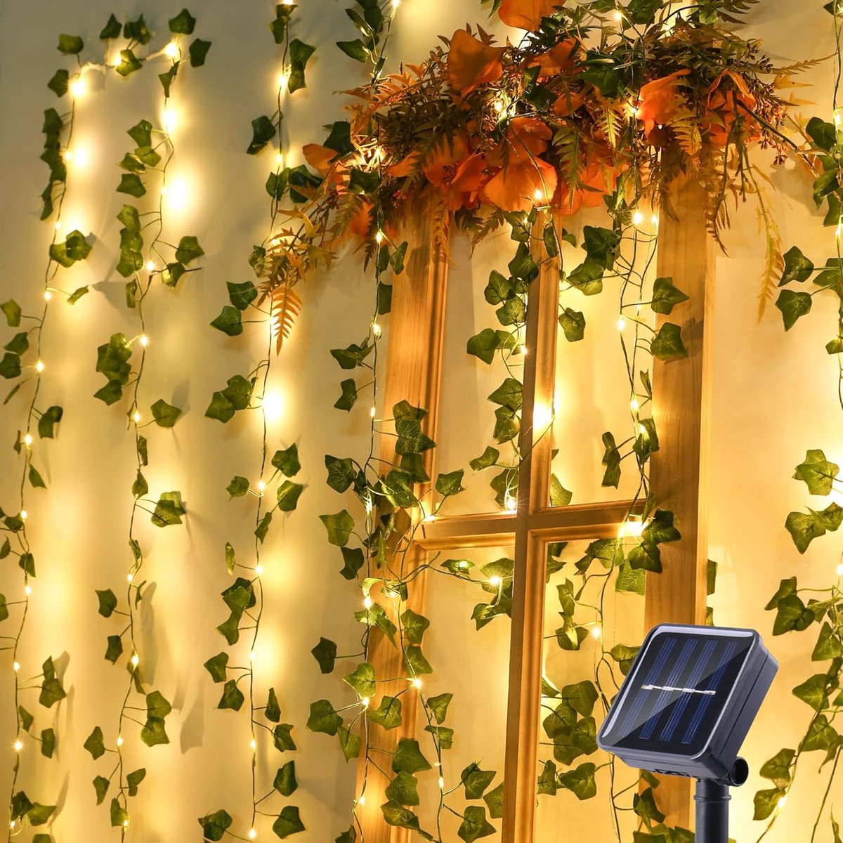 Solar Lichtsnoer Buiten met Kunstbladeren en 100 Warm Witte LED's