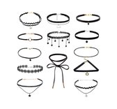 Joboly Choker Set 10 Stuks Ketting - Dames - Zwart Goudkleurig Zilverkleurig - 30 cm