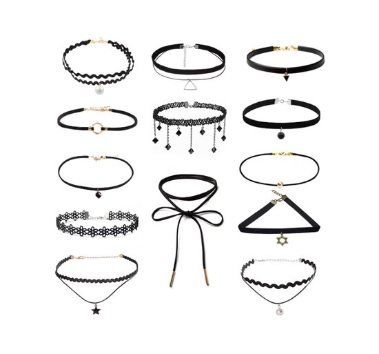 Joboly Choker Set 10 Stuks Ketting - Dames - Zwart Goudkleurig Zilverkleurig - 30 cm