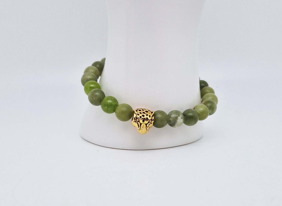 Handgemaakte natuursteen armband met Metalen vorm - Model 2 - "Kraal Koreaanse jade" -8 mm diameter van de korrel- Diameter armband 20 cm - Een mooi cadeau voor familie en vrienden