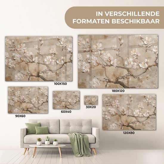 MuchoWow® Tableau sur verre 150x100 cm - Tableau sur verre acrylique - Fleurs - Moderne - Beige - Wit - Blossom - Photo sur verre - Décoration murale salon - Décoration murale chambre - Peintures