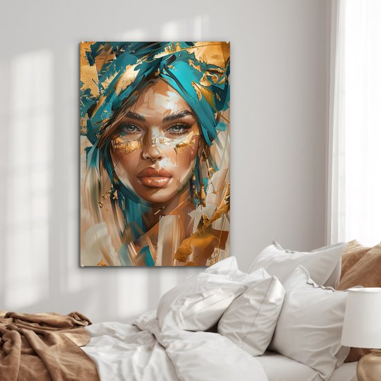 MuchoWow® Peinture sur verre 80x120 cm - Peinture sur verre acrylique - Femme - Portrait - Or - Luxe - Blauw - Photo sur verre - Décoration murale salon - Décoration murale chambre - Peintures