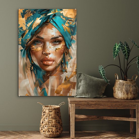 MuchoWow® Peinture sur verre 80x120 cm - Peinture sur verre acrylique - Femme - Portrait - Or - Luxe - Blauw - Photo sur verre - Décoration murale salon - Décoration murale chambre - Peintures