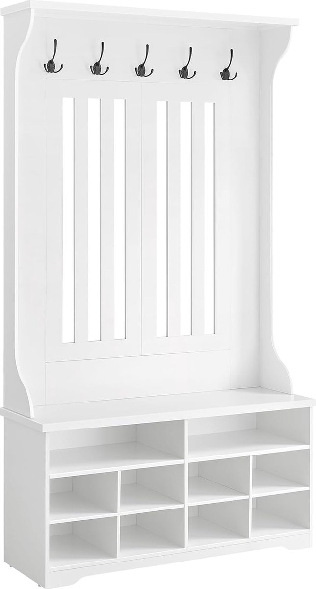 FurnStar Kapstok met schoenenbank - garderobe - schoenenopslag - 5 drievoudige haken - vrijstaand - ruimtebesparend - voor entree - hal - verstelbare planken - wolkenwit