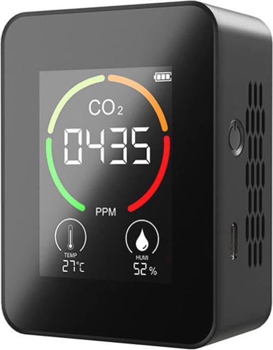 CO2-detector met temperatuur- en vochtigheidsmeter voor luchtkwaliteitsmonitoring in thuiskantoor, sportschool en auto