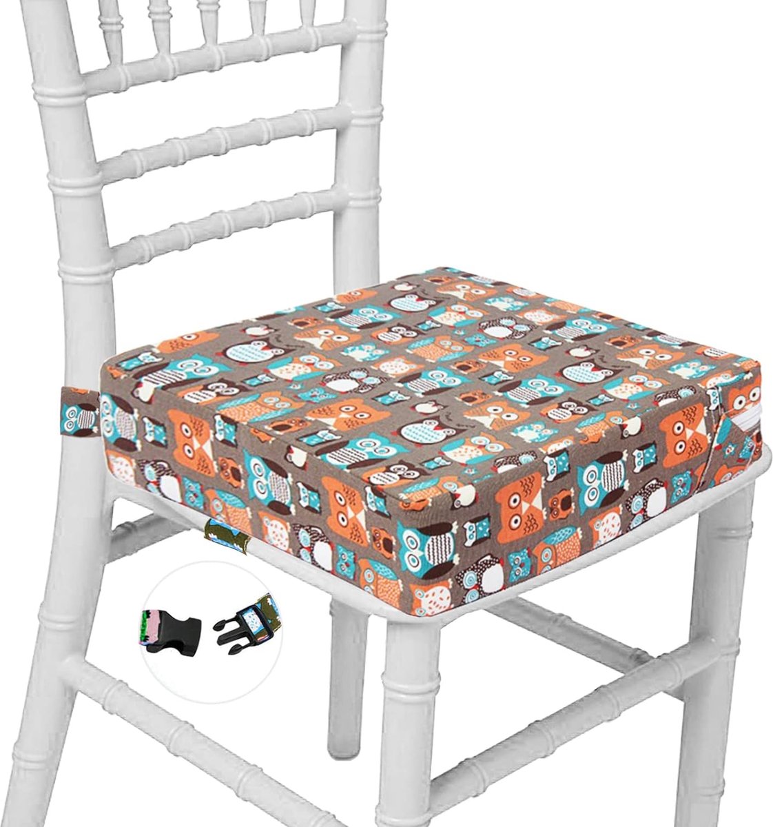 Stoelverhoger - Cartoon Draagbaar Zitverhoger Kinderstoel met 2 Veiligheid Sgespen Wasbaar Booster Zitting voor Eettafel Eetkamerstoel Stoel Pads (Uil Oranje)
