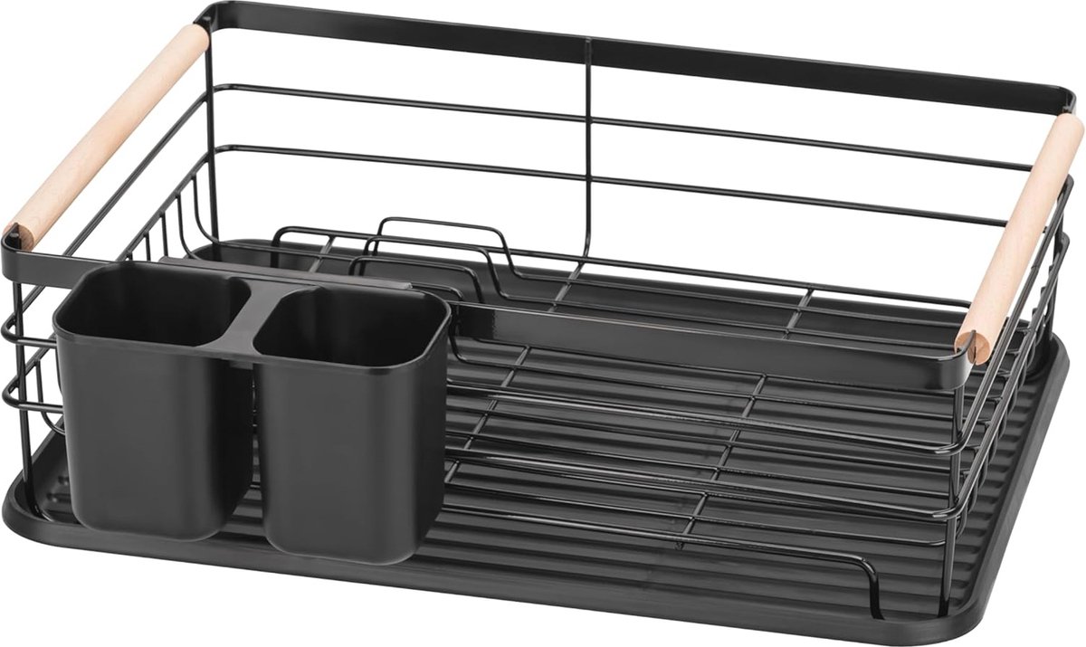 Goedkoopste Compact Afdruiprek voor Servies met Dienblad en Bestekhouder - Zwart 43 x 30,5 x 14 cm