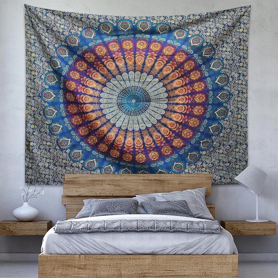 Grande tapisserie 200 x 150 cm, tapisserie mandala en tissu bohème hippie, couverture bohème soleil et lune, art mural pour décoration de la maison, chambre, dortoir, salon, plage (Mandala D)
