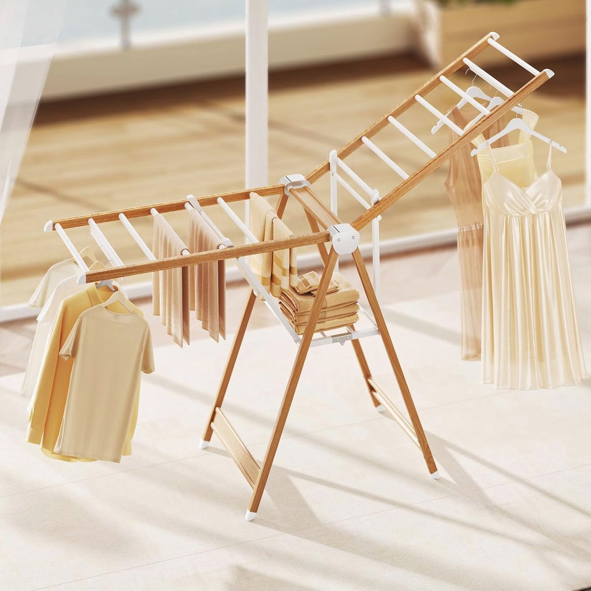 Goedkoopste Multifunctioneel Opvouwbaar Vloerdroogrek - Aluminium Droogrek met Vleugels en 2 Niveaus