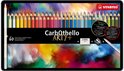 STABILO CarbOthello ARTY+ 60 krijt-pastel kleurpotloden in metalen etui, met accessoires en abstracte achtergrond.