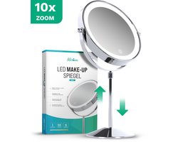 Mirlux Make Up Spiegel met LED Verlichting – 10x Vergroting – Hoogte Verstelbaar – 3 Lichtstanden – Oplaadbaar – Vergrootspiegel – Chroom