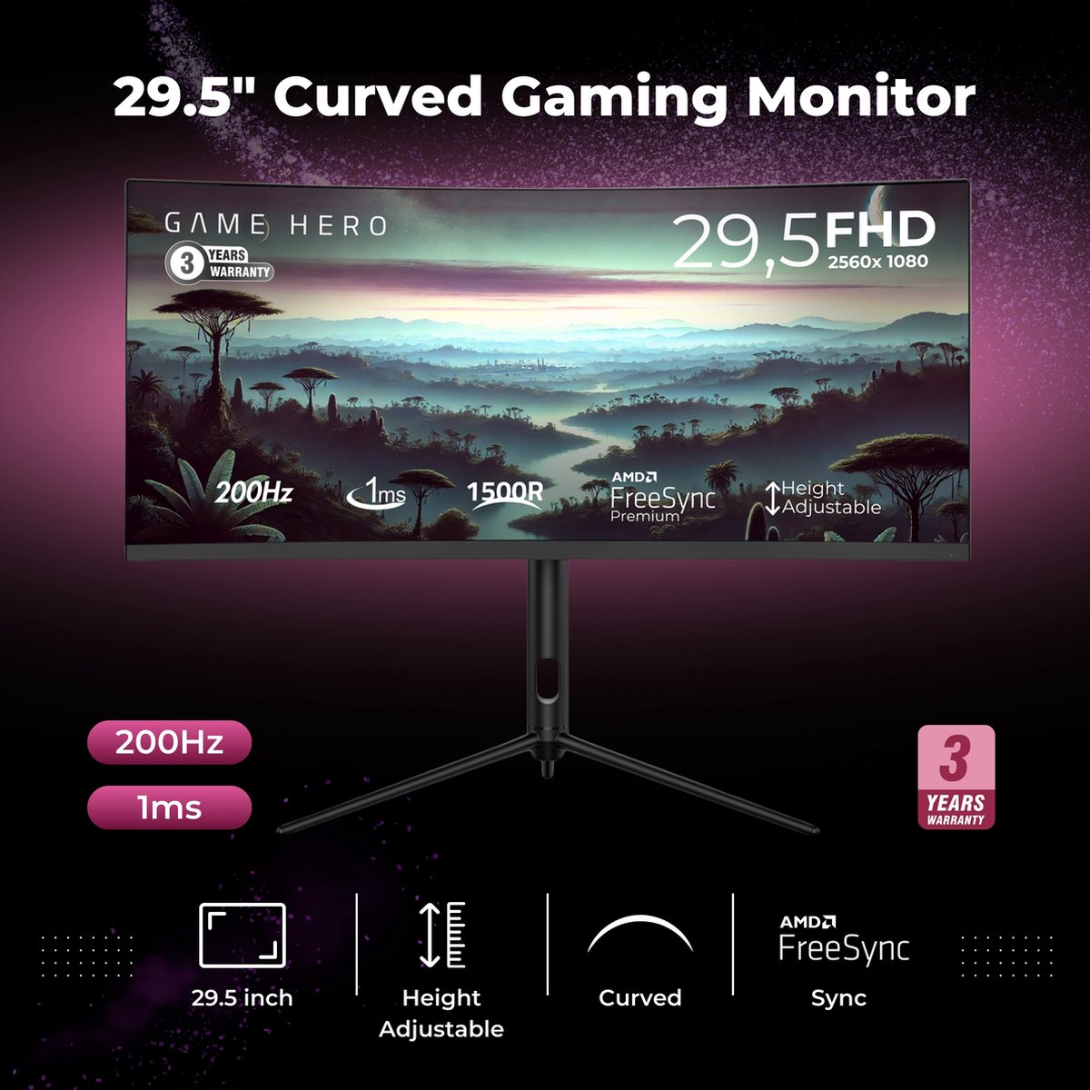 GAME HERO® 29.5 inch Curved Gaming Monitor 200 Hz 1ms - afbeelding 2