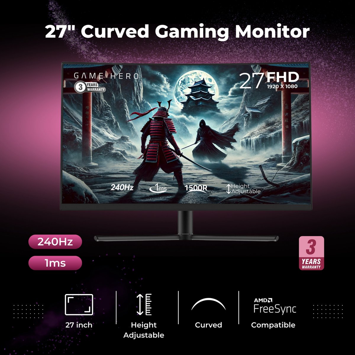 GAME HERO® 27 inch Curved Gaming Monitor 240Hz - afbeelding 2