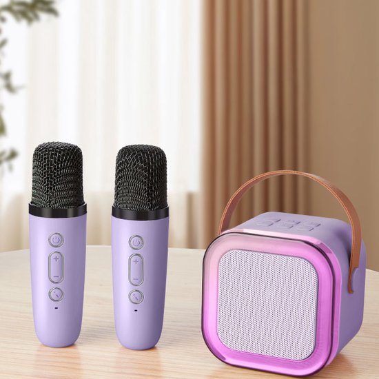 Bluetooth speake - Bluetooth speaker - Set met 2 draadloze microfoons en LED - Speakers - voor familiefeesten en verjaardagscadeaus - Paars