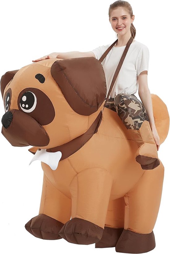 KIMU® Opblaas Kostuum Zittend Op Hond - Opblaasbaar Pak - Hondenpak Mascotte Opblaaspak - Opblaasbare Puppy Volwassen Dames Heren Halloween