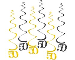 Q2Party - 50 Jaar Swirl - Slinger - Leeftijd - Versiering - Verjaardag - decoratie - Feest - Hangdecoratie - Goud/Zwart – 6 stuks