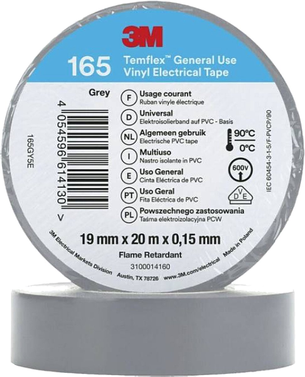 3M Isolatie Tape - 19mm breed - 0,152mm dik - 20 meter - Grijs