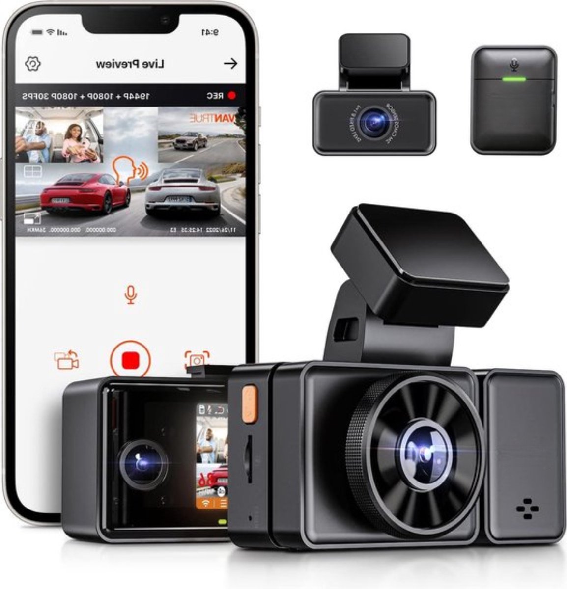 3 Lens Dashcam 5GHz WiFi met spraakbesturing - 1944P + dubbele 1080P autocamera - GPS - IR nachtzicht - 24 uur Parkeerbewaking - auto camera vrachtwagen - Max 512G Dashcam voor auto