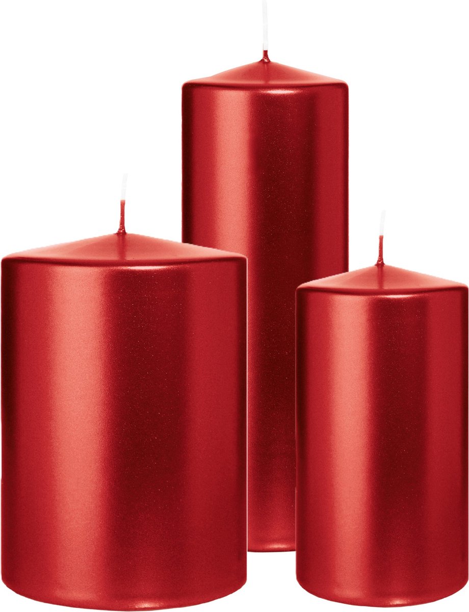 Wiedemann Cilinderkaarsen/stompkaarsen - set van 3 - metallic rood - 7x13/10x15/7x20 cm Donkerrood