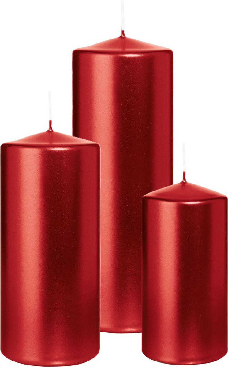 Wiedemann Cilinderkaarsen/stompkaarsen - set van 3 - metallic rood - 6x12/7x15/7x20 cm Donkerrood