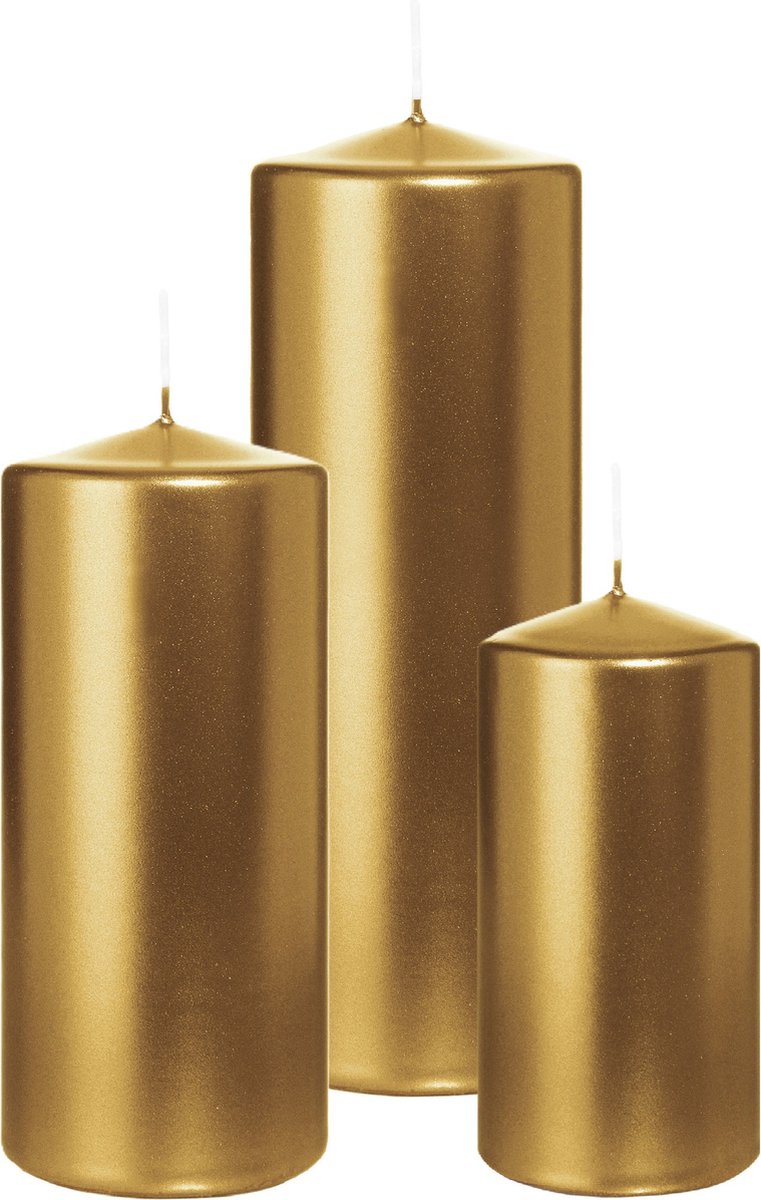 Wiedemann Cilinderkaarsen/stompkaarsen - set van 3 - metallic goud - 6x12/7x15/7x20 cm Goudkleurig