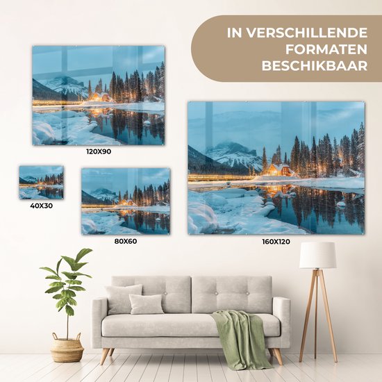 MuchoWow® Peinture sur verre 160x120 cm - Peinture sur verre acrylique - Paysage d'hiver - Nature - Maison - Montagnes - Neige - Photo sur verre - Décoration murale salon - Décoration murale chambre - Peintures