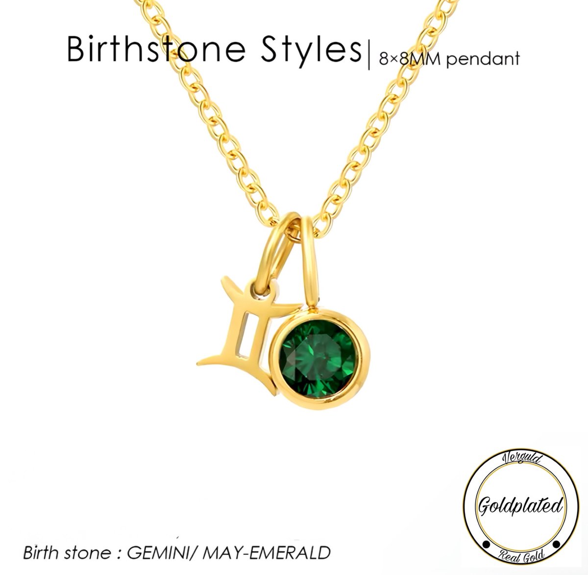 Borasi Birthstone Ketting Mei | Sterrenbeeld Tweelingen | Goldplated | Groen | Dames Sieraden | Dames Ketting |
