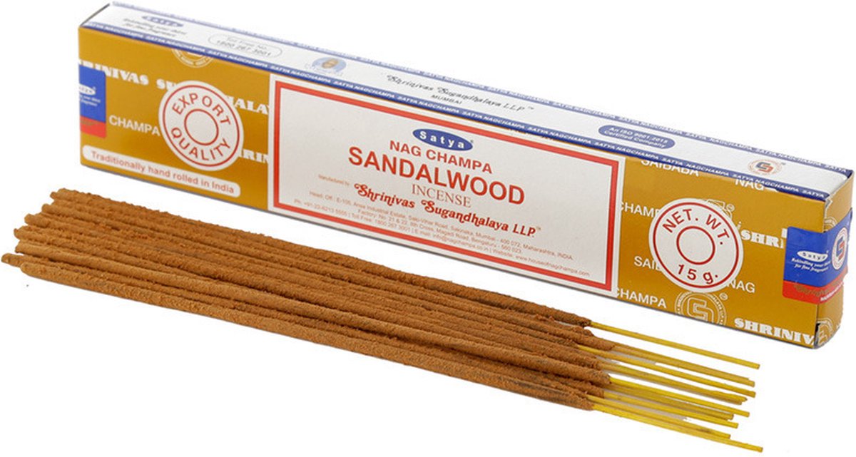 Satya Nag Champa wierrook stokjes Sandelhout geur - 15x - Lichaam in balans - Meditatie - staafjes van 22 cm - 30 minuten Multi