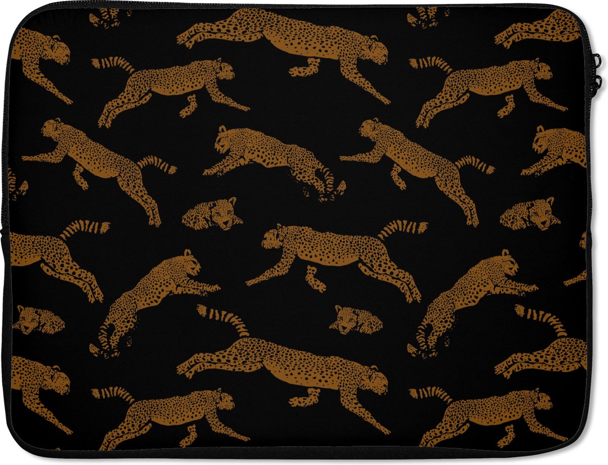 Laptophoes 17 inch - Panters - Patroon - Dieren - Zwart - Bruin - Laptop sleeve - Binnenmaat 41x28 cm - Zwarte achterkant