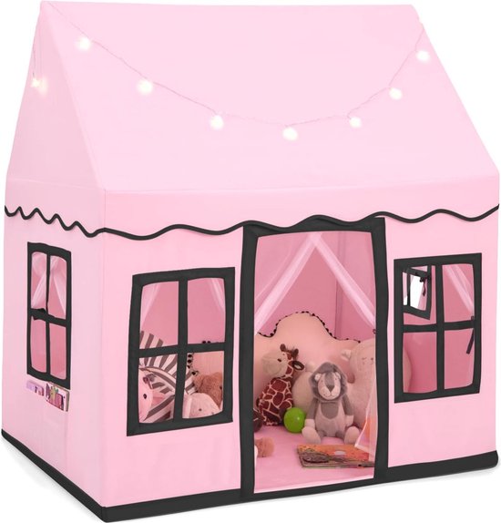 COSTWAY Kinderspeelhuis met sterrenverlichting, prinsessen-/prinsen- kindertent met raam en mat, speeltent met dubbel gordijn, kinderkasteel voor jongens en meisjes, roze