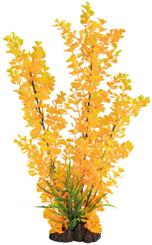 Een kunstplant met oranje bladeren en groene sprieten aan de onderkant, die uit een donkere basis groeit.