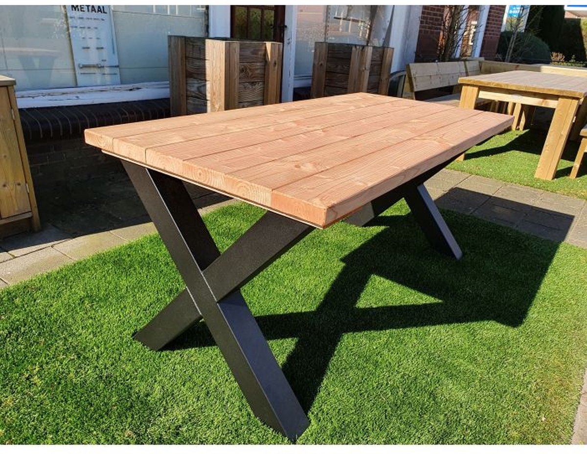 Tuintafel met stalen X poot - Douglas hout - volledig gemonteerd - 180x90cm - 44mm dik