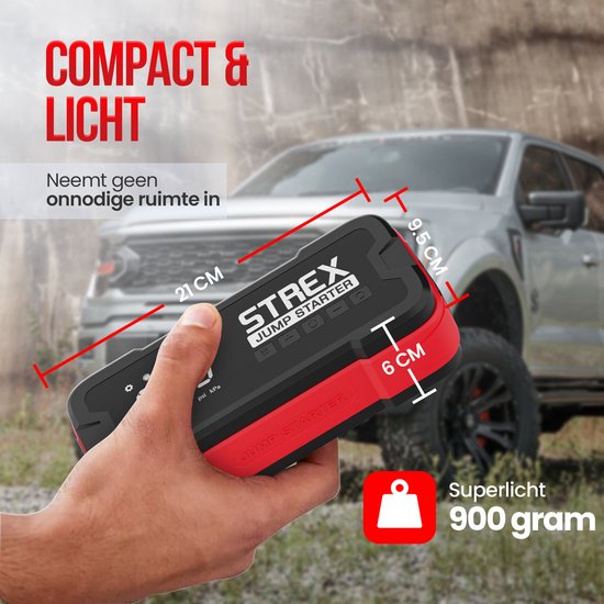 Strex 12V Jumpstarter voor Auto & Motor met Compressor - 4000A / 24.000 mAh - 5-in-1 Starthulp met Compressor, Powerbank, LED Zaklamp en SOS Noodlicht - Jump Starter - Incl. Hardcover