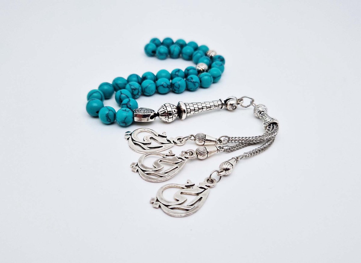 Handgemaakte tesbih "tasbih" natuursteen "Howliet groen" - Aantal kralen 33 - Diameter kralen 8 MM - met metaal tassel "model A9" - Een mooi cadeau-idee