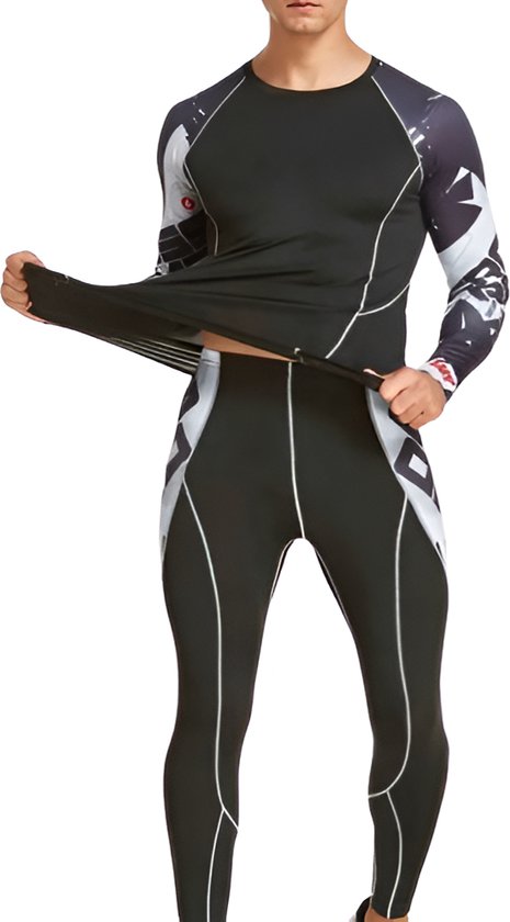 Homme montrant un legging et un haut de compression noirs avec des accents blancs et un imprimé graphique.