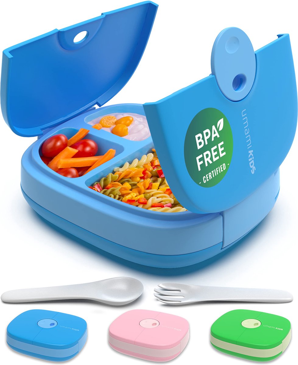 Umami® Kids Lunchbox Kinderen met bestek, lekvrij, duurzaam, bentobox stijl, 3 grote vakken - Ideale portiegroottes , opvang jongens en meisjes - BPA-vrij lunch box, magnetron- en vaatwasmachinebestendig (Broodtrommel Blauw) - Brooddoos