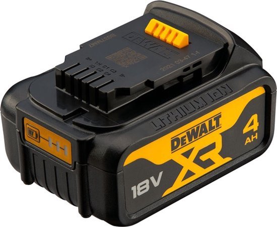 Batterie DeWALT 18V XR 4.0Ah, design noir et jaune. Indicateur de batterie visible.