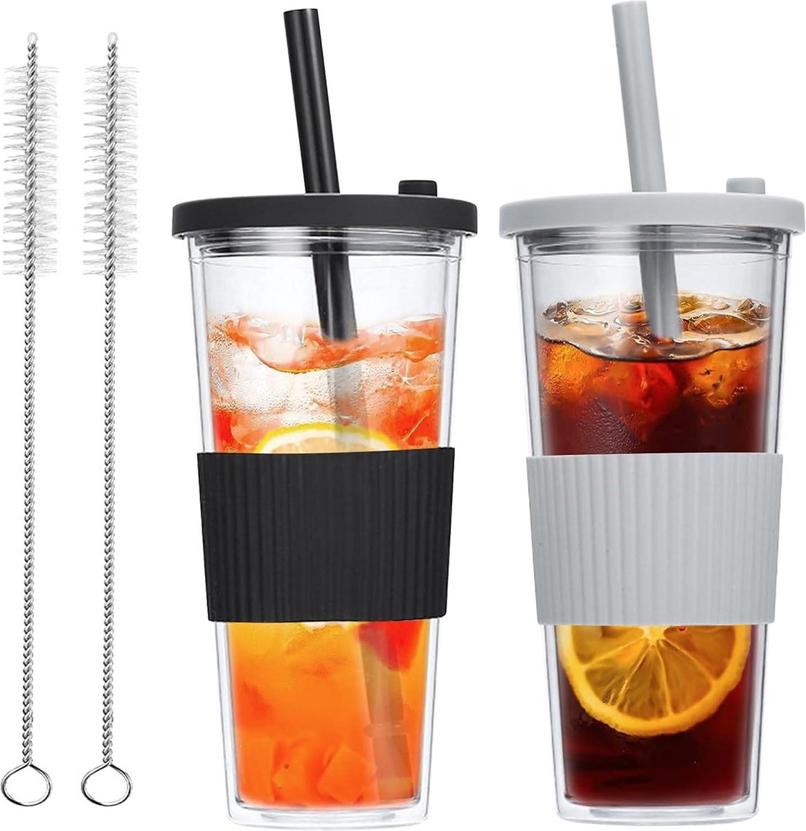 Goedkoopste Herbruikbare Bubble Tea beker 2 stuks - Boba drinkbeker met deksel en rietje - Dubbelwandige geïsoleerde plastic beker - Transparante drinkbeker voor koffie en vruchtenthee