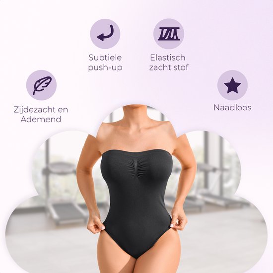 Zwarte strapless body met subtiele push-up, elastisch zacht stof, zijdezacht, ademend en naadloos.