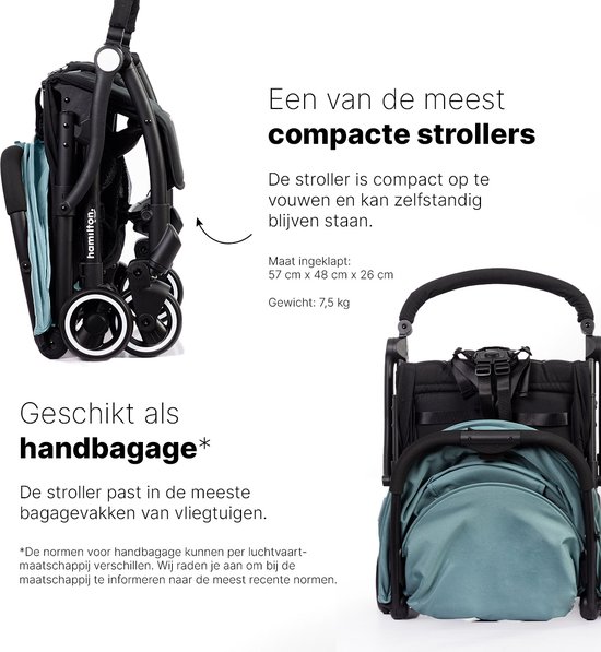 Een lichtgroene buggy is compact ingeklapt en staat zelfstandig.