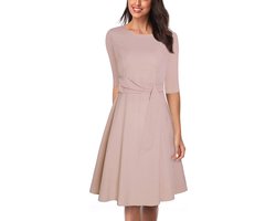 Zomerjurk Dames Ronde Hals Halve Mouw Stropdas Taille Flowy Swing Antieke Elegante Golvende Ruche Zoom Casual Losse A-lijn - S-Abrikoos