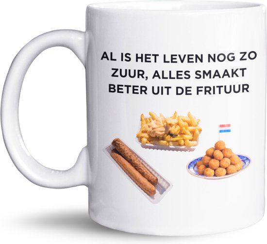 NietMokken.nl - Leuke Mok 325 ml - Alles Smaakt Beter Uit De Frituur - Humor Mok - Grappige Beker met Snacks - Cadeautip voor Snackliefhebbers - Perfect voor Thuis of Kantoor - Origineel Cadeau voor Vrienden en Collega's - Beker