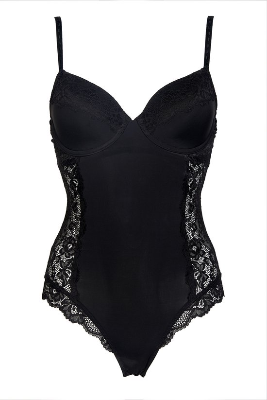 Zwarte kanten bodystocking met kanten cups en zijpanelen.