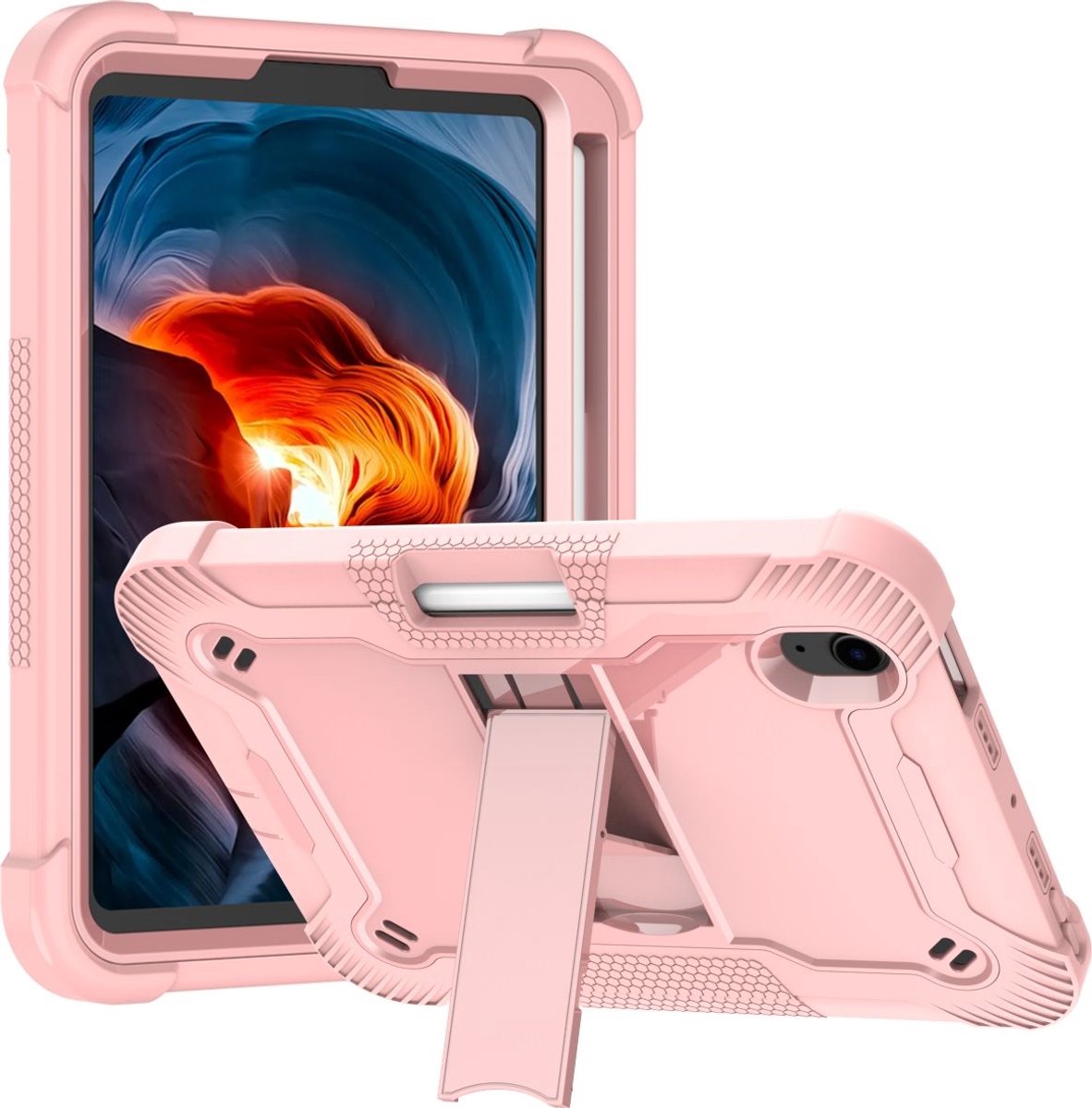 Mobigear Tablethoes geschikt voor Apple iPad Mini 7 (2024) Hardcase Backcover | Mobigear ShieldStand + Stylus Houder | Schokbestendig iPad Mini 7 (2024) Telefoonhoesje | Anti Shock Proof + Standaard - Roze