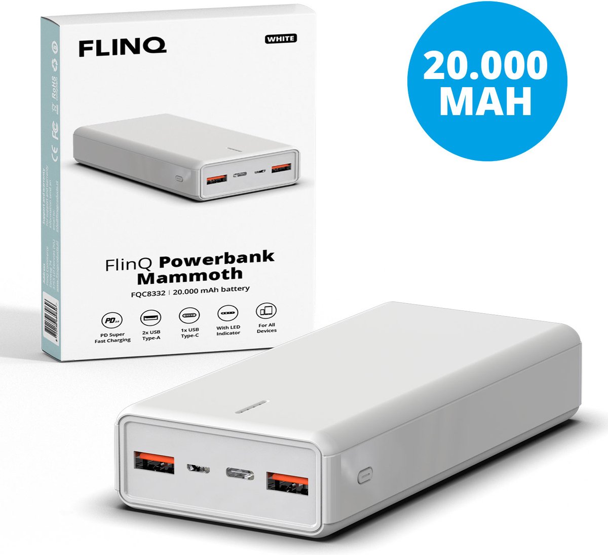 FlinQ Powerbank 20.000mAh -Snellader voor 3 apparaten tegelijk opladen - Quick Charge PD - Powerbanks Handig voor noodpakket - Incl. USB-Kabel